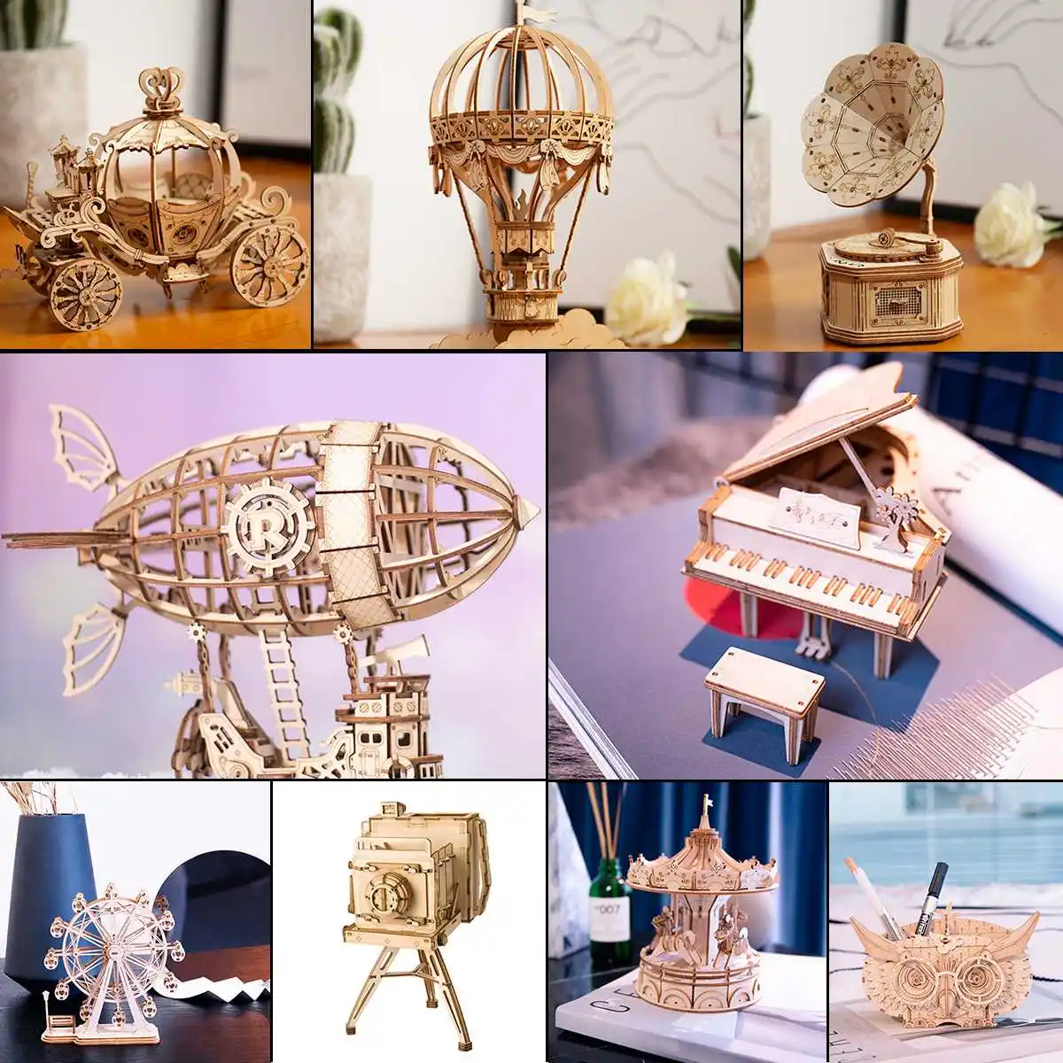 Деревянный глобус головоломка 3D DIY модель головоломки для сборки украшения дома и офиса игрушки для взрослых колесо обозрения Тыква тележка винтажная камера