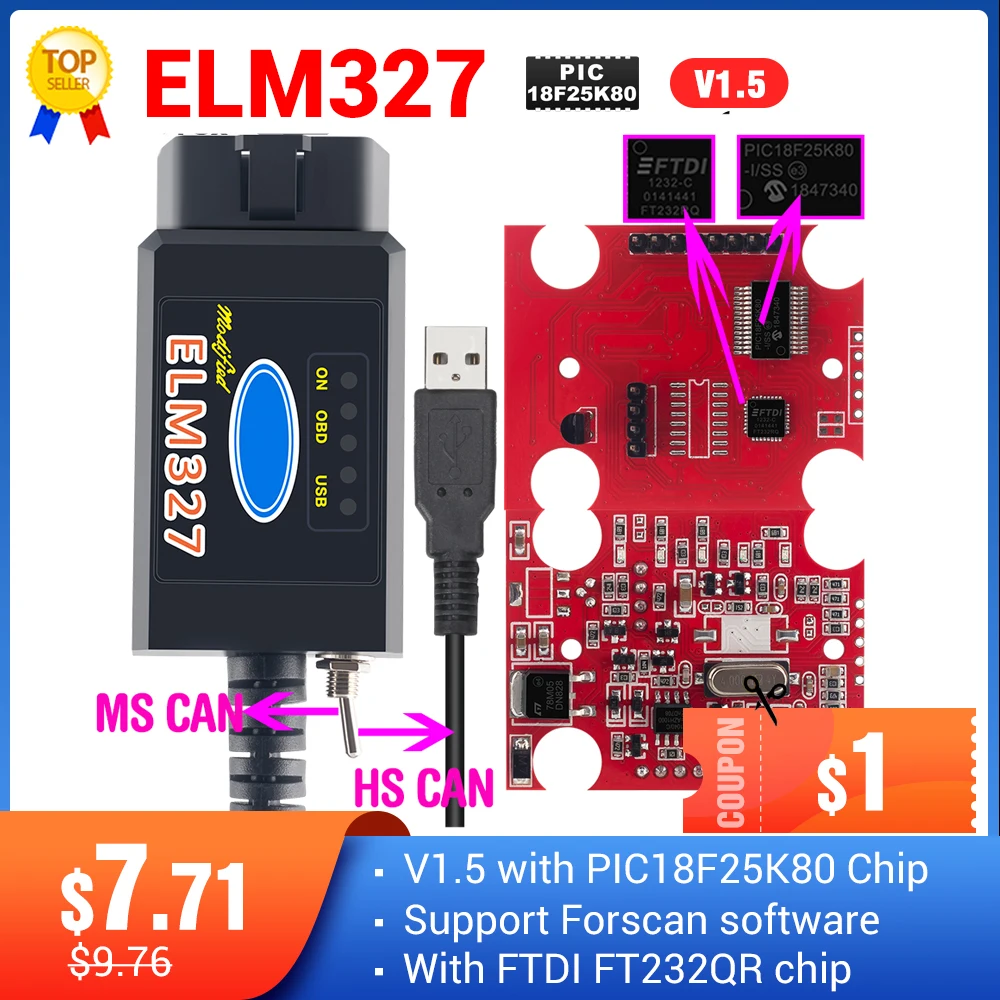 2019 Оригинал ELM327 USB FTDI с переключателем сканер кодов HS CAN и MS Супер Мини elm327 obd2 v1.5