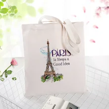 Парижский узор Холщовая Сумка для сумки повседневное использование текста DIY пользовательский принт логотип экологический многоразовый перерабатываемая сумка для покупок