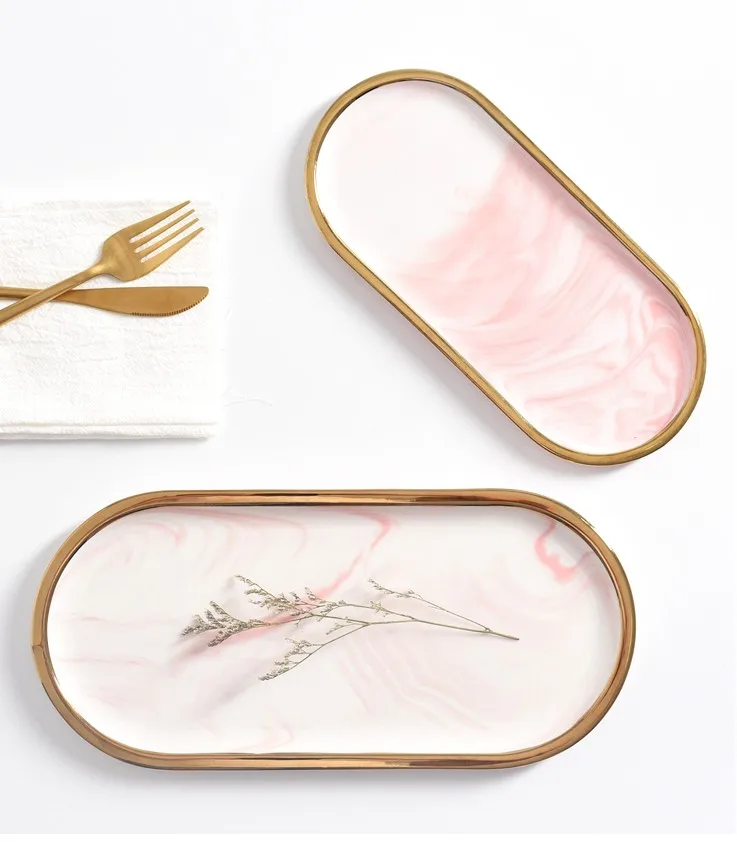 Nordic Marble Texture Tray Ceramic Oval plate Western Dish Dessert Dish Jewelry Storage Tray 3
