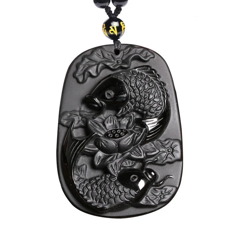

Natural Black Obsidian Stone Pendant Carved Fish Carp and Lotus Pendant Necklace Gift For Women Men Stone Jades Jewelry