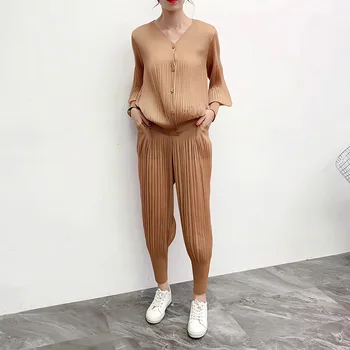 

LANMREM 2020 autumn New Fashion V-neck Solid Color Single-breasted Shirt Beam Foot Trousers Suit Women PB759