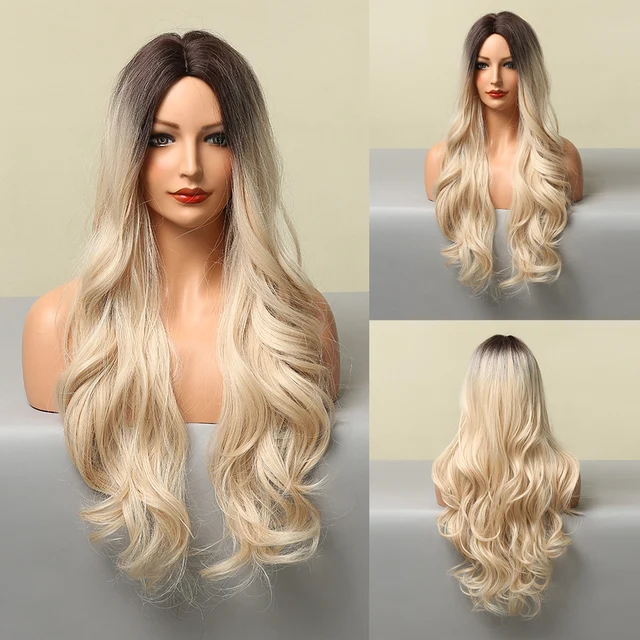 HENRY MARGU Long Black Brown Body Wave Synthetic Wigs Heat Resistant Natural Cosplay Wigs for Women Middle Part Hair Wigs LC5306-1