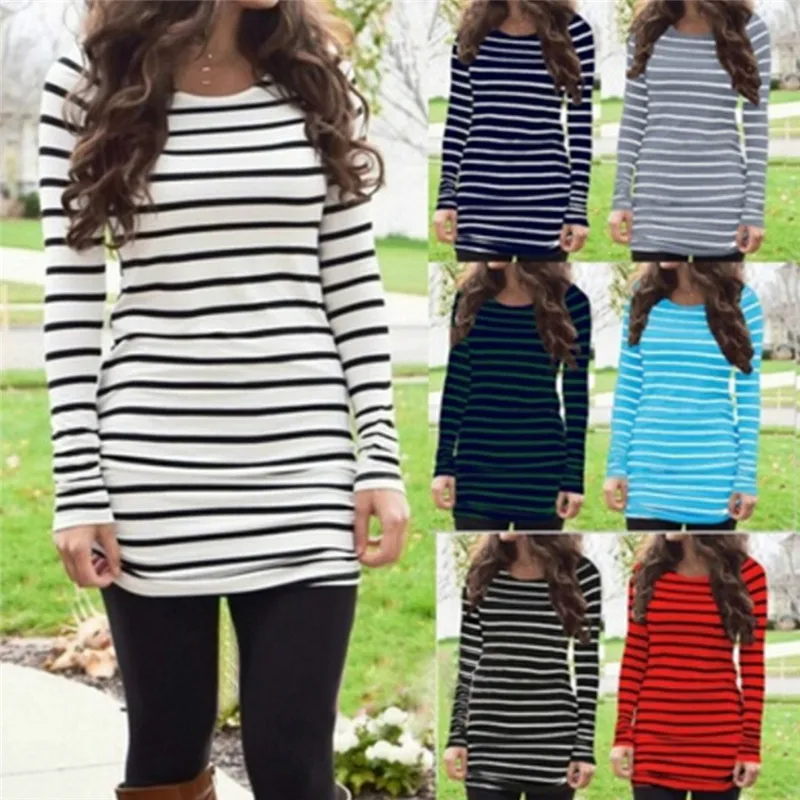 2018 Retro Autumn Womens Black White Striped Casual Ladies Long Sleeve Round Neck Tops T-shirt S-XXL