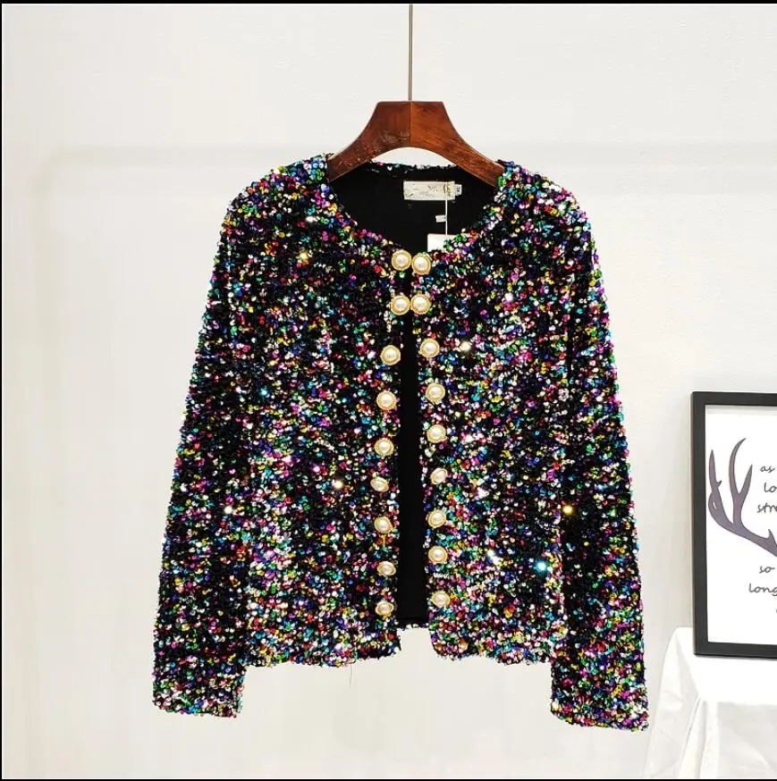 

2019 New Autumn Bling Color Sequins Pearl Buckle Short Coat Woman Fashion Shiny Jacket Lady's Cardigan Outwear