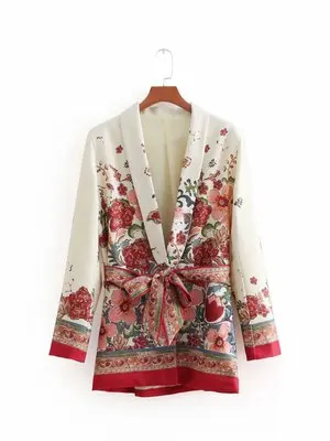 2 piece set women Suit female  retro style flower pattern European-style casual holiday Sandy beach jacket + pants pajamas suit coat