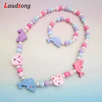 Cartoon Colorful Wooden Unicorn Flower Animal Child Sweater Necklace Bracelet Girl's Gifts Children's Jewelry Kids Toys 2pc 6
