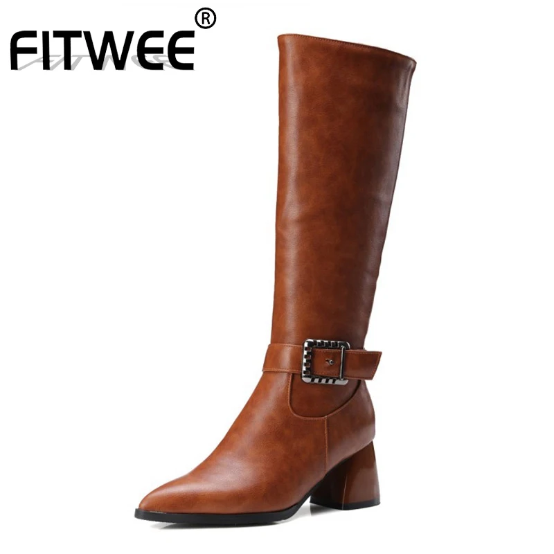 FITWEE размера плюс 32-48 Сапоги До Колена Для Женщин с боковой молнией и пряжкой Обувь