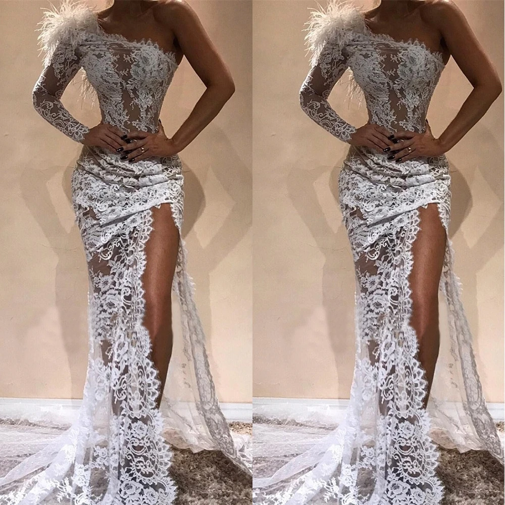 Straight shoulder lace trumpet Mermaid Prom Dress thigh high slit long sleeve evening dress formal applique | Свадьбы и торжества