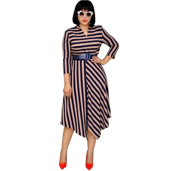 

African Dresses For Women Elegent Fashion Stripe Style African Women Plus Size Polyester Mid-Calf Dress L-3XL