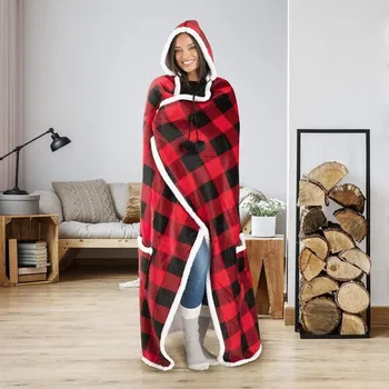 

Plaid Thickened Fleece Blanket Cloak Winter Soft Warm Weighted Blanket Hoodie Plush Lazy Long Wearable TV Blanket Sweatshirt