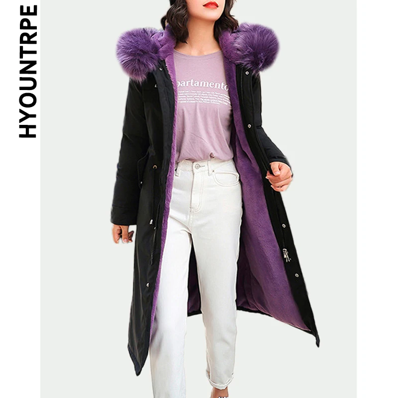 

Cotton Padded Warm Long Parka Womens Fur Hooded Zipper Jacket Fleece Inner Outerwear Parkas Autumn Winter Casual Overcoat Female