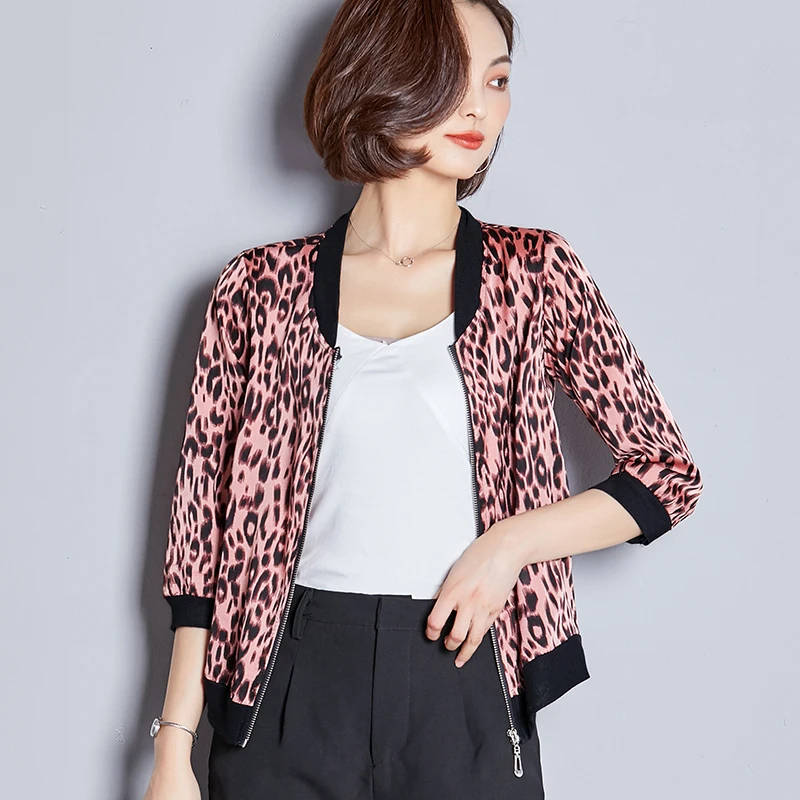 

Autumn Silk Women Jacket Leopard Short Coats and Jackets Women Streetwear Pink Short Jackets Plus Size XXXL Female Jacket