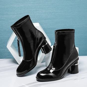 

Women Ankle Boots Autumn Winter High Heeled Chelsea Boots Genuine Leather Classic Office party dress Shoes Woman