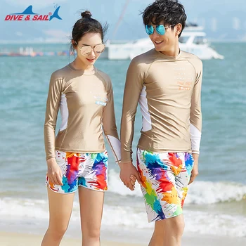 

DIVE&SAIL Matching Couples Long Sleeve Rashguard Lovers UPF 50+ Quick Dry Swimsuits Women Men Sun Protection Shirt & Trunks
