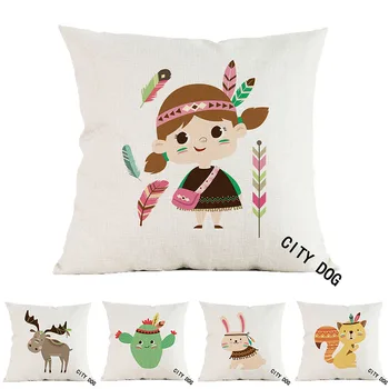 

Tribe Woodland Animal Girl elk cactus fox Linen Cushion Cover Decorative Pillow Case For Chair Sofa Home Decor Throw Pillows