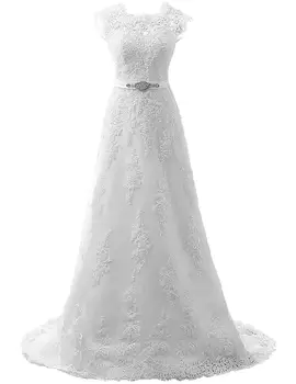 

Robe De Mariee 2020 Jewel Neck A Line Wedding Dresses Lace Appliques Wedding Gowns with Crystal Sash