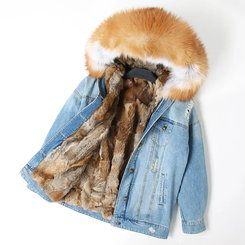 Cheap OFTBUY 2019 Winter Jacket Women Real Fur Coat Parka Real raccoon collar Rex Rabbit liner striped bomber Denim jacket Streetwear 9