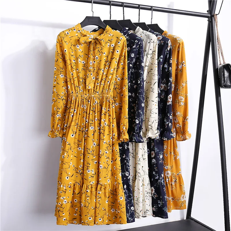 Chiffon High Elastic Waist Spring Summer Dress Bow A-line Women Full Sleeve Flower Print Floral Bohemian Dresses Slim Feminino