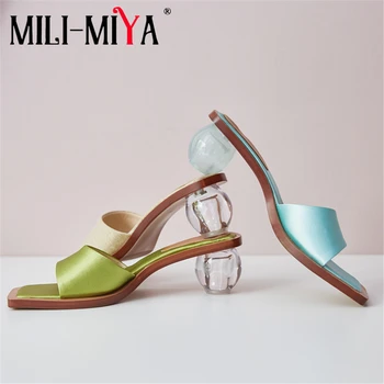 

MILI-MIYA New Arrival Crystal Strange Heels Women Silk Sandals Solid Color Slip-On Fashion Square Toe Dress Summer Shoes