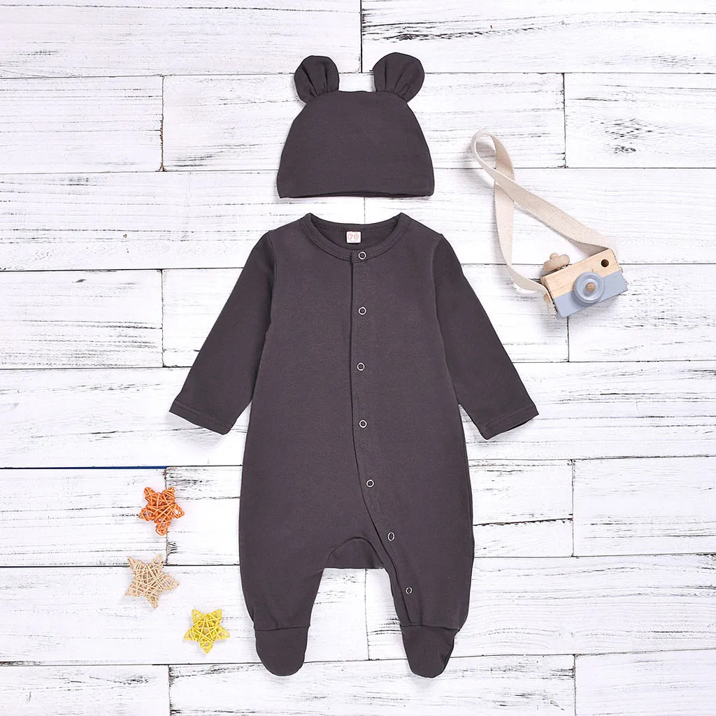 Модная одежда для новорожденных Одноцветный комбинезон с длинными рукавами для маленьких мальчиков и девочек Комбинезон+ шапочка комплект одежды из 2 предметов