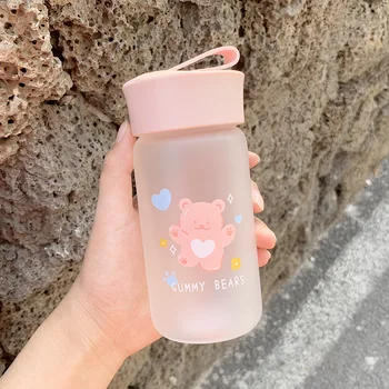 

Cute Gummy Bear Water Bottle Creative Frosted Transparent High Borosilicate Glass 300ml Portable Travel Water Cup for Best Gifts