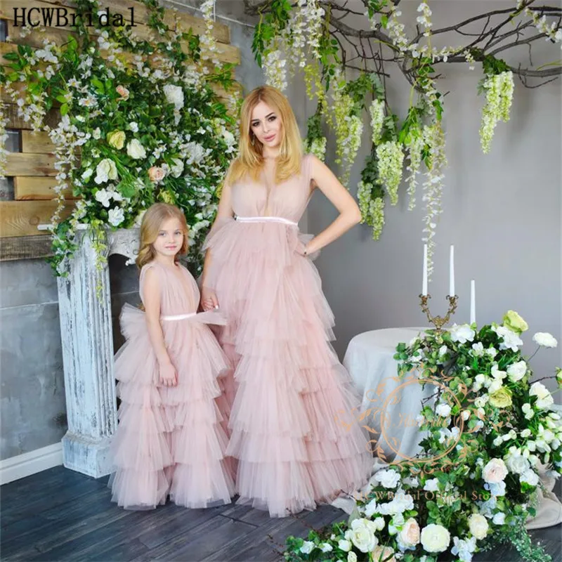 Photo Color Г. Изящные платья для мамы и дочки; вечернее многослойное платье из тюля с v-образным вырезом; Цвет пыльно-розовый; длинное платье для женщин на заказ; Abendkleider - Цвет: Photo Color