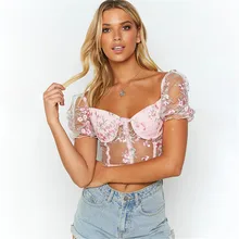 Three Ratels Embroidery Floral Blouse See Through Short Puff Sleeve Mesh pink Crop Top 2020 Women Casual Streetwear Crop Shirt Three Ratels Embroidery Floral Blouse See Through Short Puff Sleeve Mesh pink Crop Top 2020 Women Casual Streetwear Crop Shirt