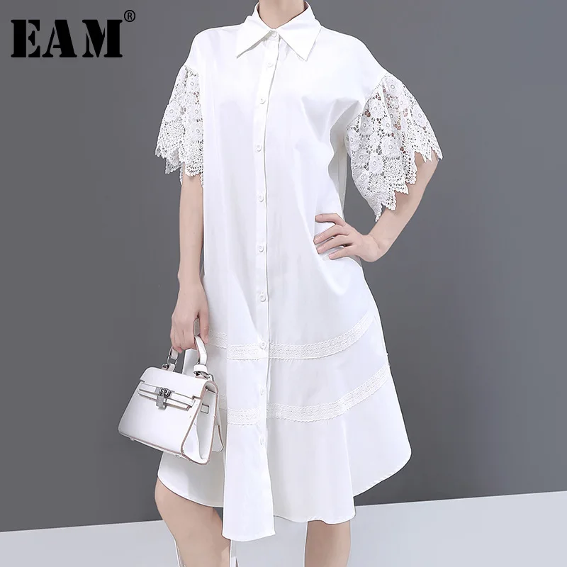 [EAM] Women White Lace Hollow Out Midi Shirt Dress New Lapel Half Sleeve Loose Fit Fashion Tide Spring Summer 2020 1W182
