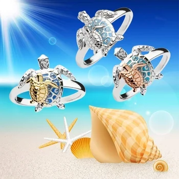 

NPKDS Turtle Imitation Blue Opal Animal Rings for Women Gold Crystal Tortoise Wedding Ring Bohemian Ocean Beach Jewelry