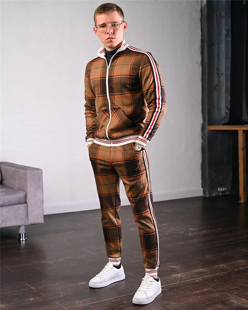 

New Fashion Jackets Men Tracksuit Sets Mens set Colorful Plaid Men Casual Zipper Set Autumn Tracksuit Set Male Sweatshirt Pocket