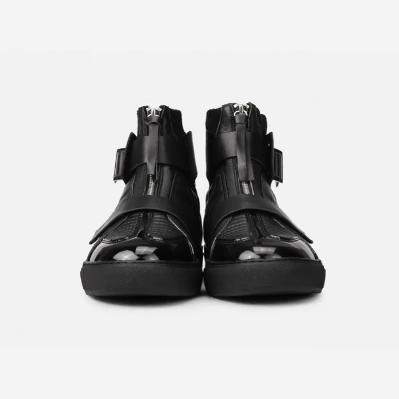 Mens Winter High Top Sneakers Sheepskin Cross Strap Genuine Leather Spliced Casual Footwear Flats Zipper Designer Trainer Shoes
