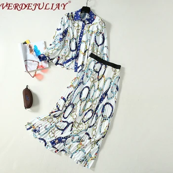 

VERDEJULIAY Runway Fashion Autumn Vintage Suit Women's Long Sleeve Chain Print Shirt + Floral Printed Pleated Skirt 2 Pieces Set