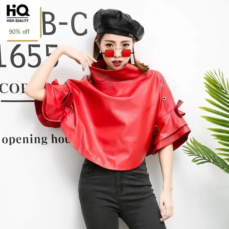 

2020 New Spring Womens Short Jacket Korean Batwing Sleeve Genuine Leather Coats Loose Fit Streetwear Cape Coat Plus Size S-4XL