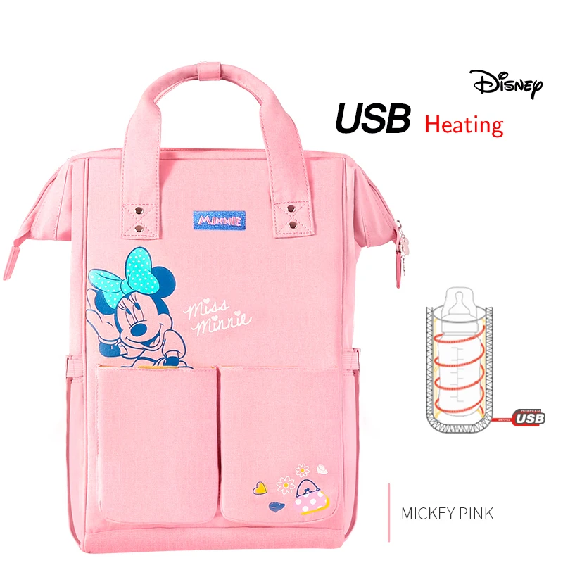 Pink Сумка для подгузников disney, рюкзак для мам, сумка для пеленания, сумка для подгузников для мам, сумка для подгузников, дорожная коляска с USB подогревом - Цвет: Pink