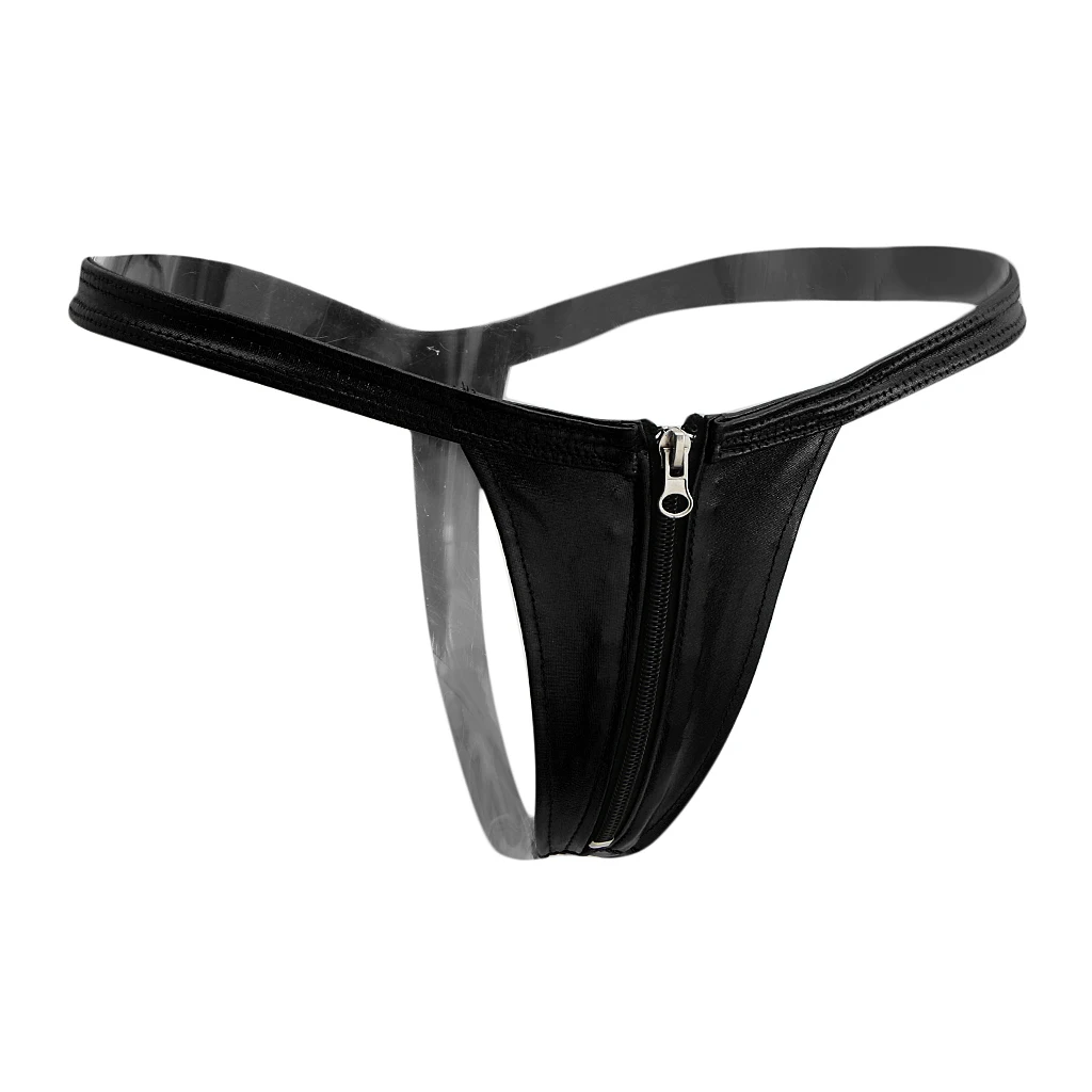 Women's Shiny Leather Zipper Front Thong Underwear T Back Nightwear Solid Color