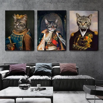 레트로 동물 고양이 머리 군사 유니폼 오일 캔버스 회화 벽화 포스터와 지문 거실 홈 인테리어 벽화 (프레임 없음)