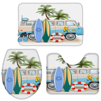 

3 Pieces Bathroom Set Summer Vacation Car Surfboard Bath Set Toilet Cover Mat Pedestal Rug Non-Slip Bathroom Rug Set