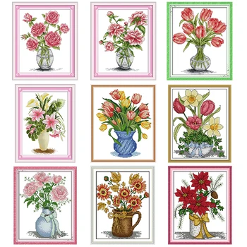

Rose tulip vase series DMC cross stitch kit 11CT14CT count cross stitch embroidery needlework DIY embroidery kit home decoration
