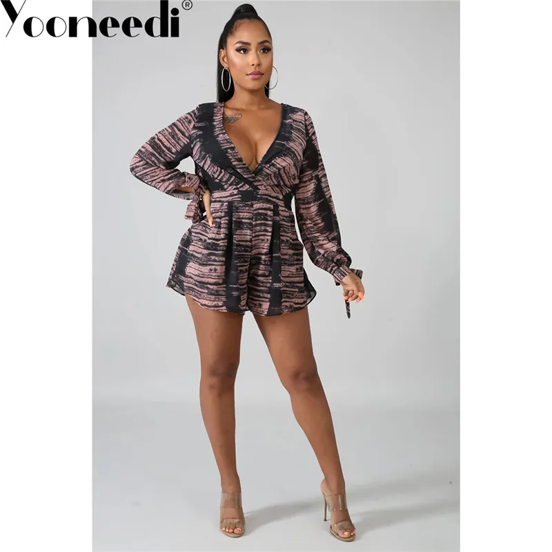 Yooneedi 2019 Autumn Design Sexy Chiffon Material Women Playsuits Color Print V-neck Full Sleeve Backless Ladies Rompers SH7137 |