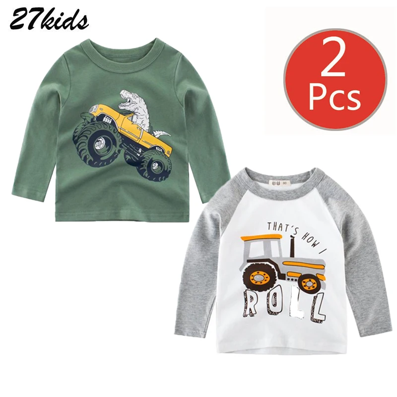Детская футболка из 2 предметов для мальчиков, 27 весна-осень, Детская футболка с длинным рукавом и рисунком динозавра из мультфильма «Акула», повседневные топы для мальчиков и девочек - Цвет: 3730-3318 same photo