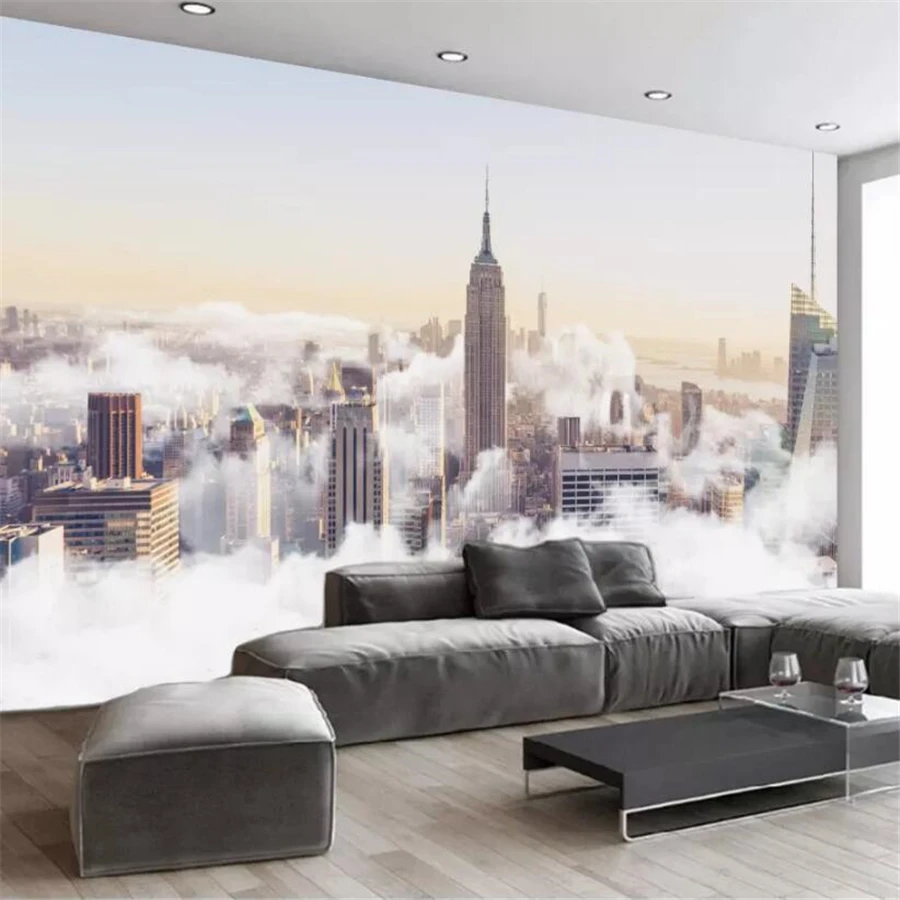 Custom wallpaper 3d mural modern minimalistic abstract hand-painted city cloud sea landscape restaurant TV background wall paper |