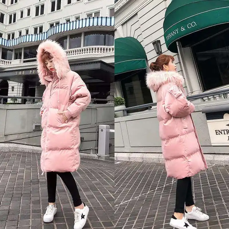 Повседневное корейское пальто зимняя куртка женская длинная толстая теплая парка женские велюровые толстовки с меховым воротником пальто украинское розовое пальто - Цвет: Розовый