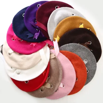 

Harajuku Women Bow Ribbon Soft Beret Hat for Girls apparel Elegance Fluffy Ivy Berets Cap