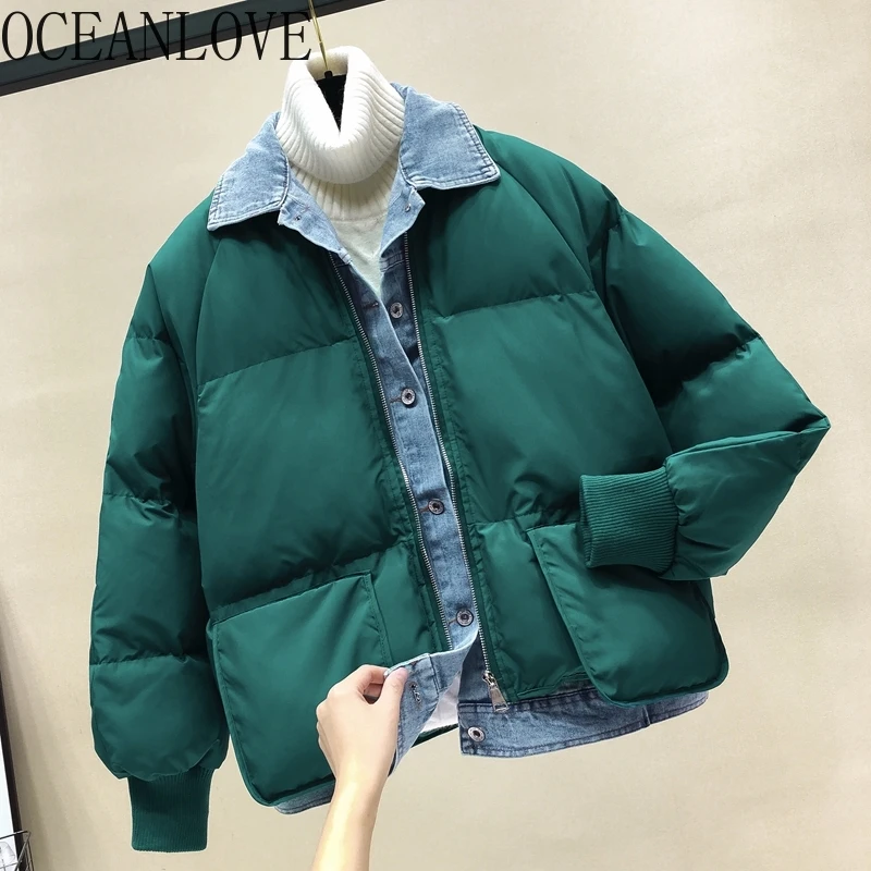 Одежда с имитацией двух частей, Лоскутная парка, однобортная джинсовая, зимняя куртка для женщин, теплое плотное пальто, короткое модное 13011