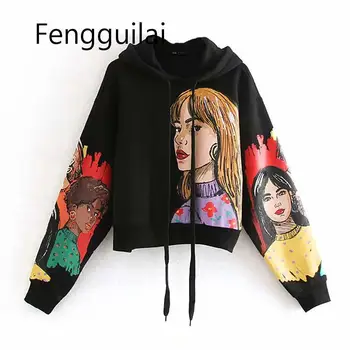 

Streetwear Character Print Hooded Hoodies Women Long Sleeve Loose Black Sweatshirts Pullover Tops Autumn Spring Sudadera Mujer