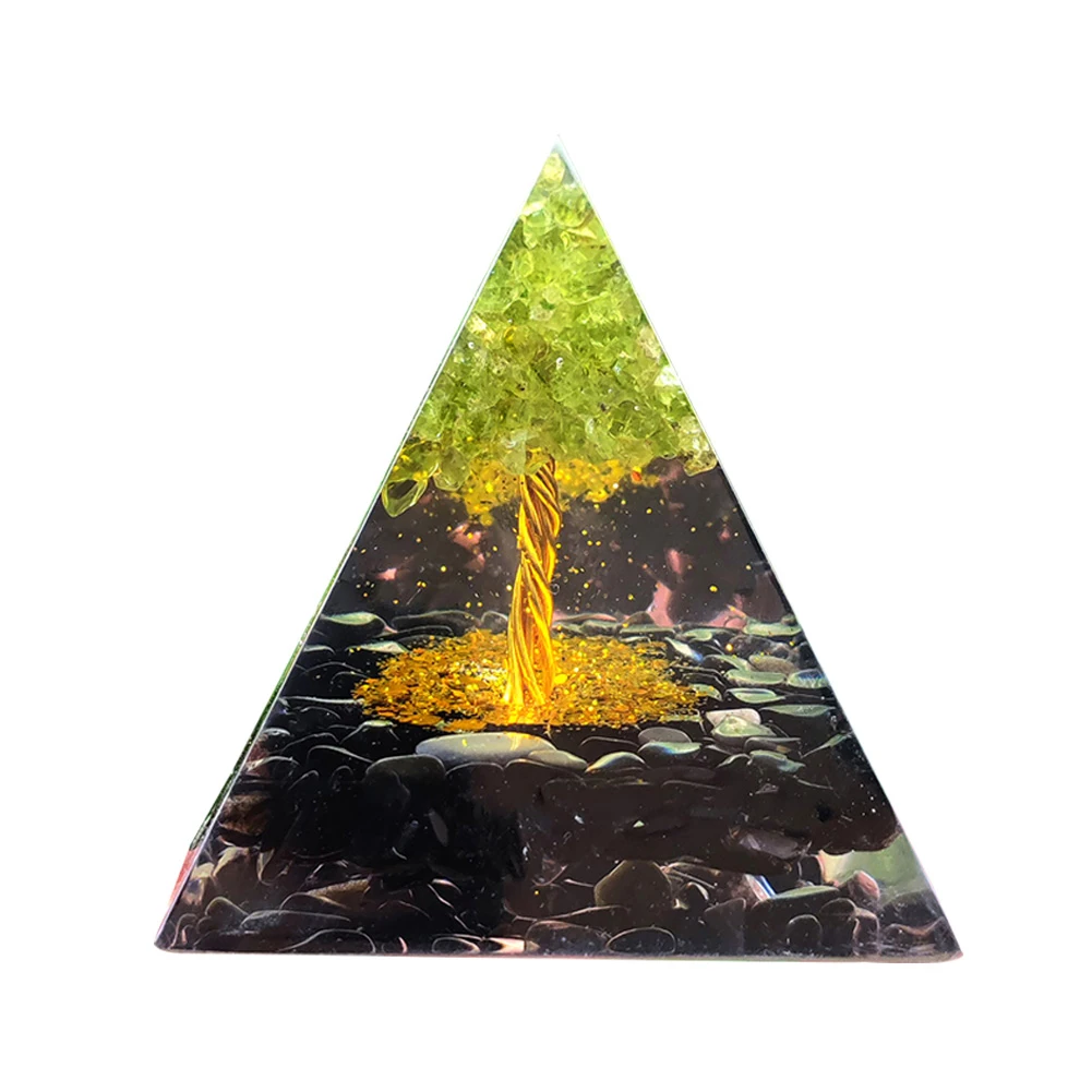 Tree of Life Orgone Pyramid Crystal Energy Orgonite Pyramid Peridot Healing Gem Stones EMF Orgonite Chakra Reiki Meditaiton Tool 