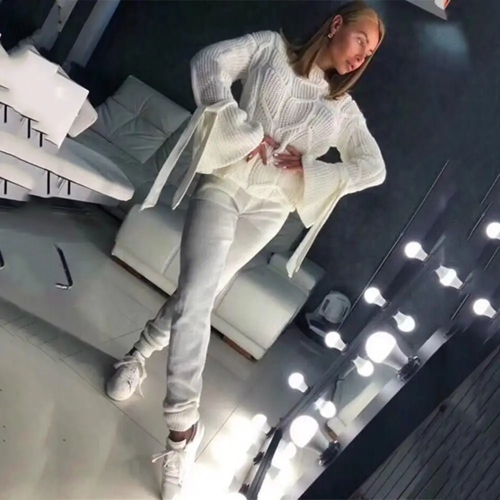 

Fall Nice Winter Flare Sleeve Sweater And Pant 2 Piece Set Solid Women Knitted Set Slim Sweater Set