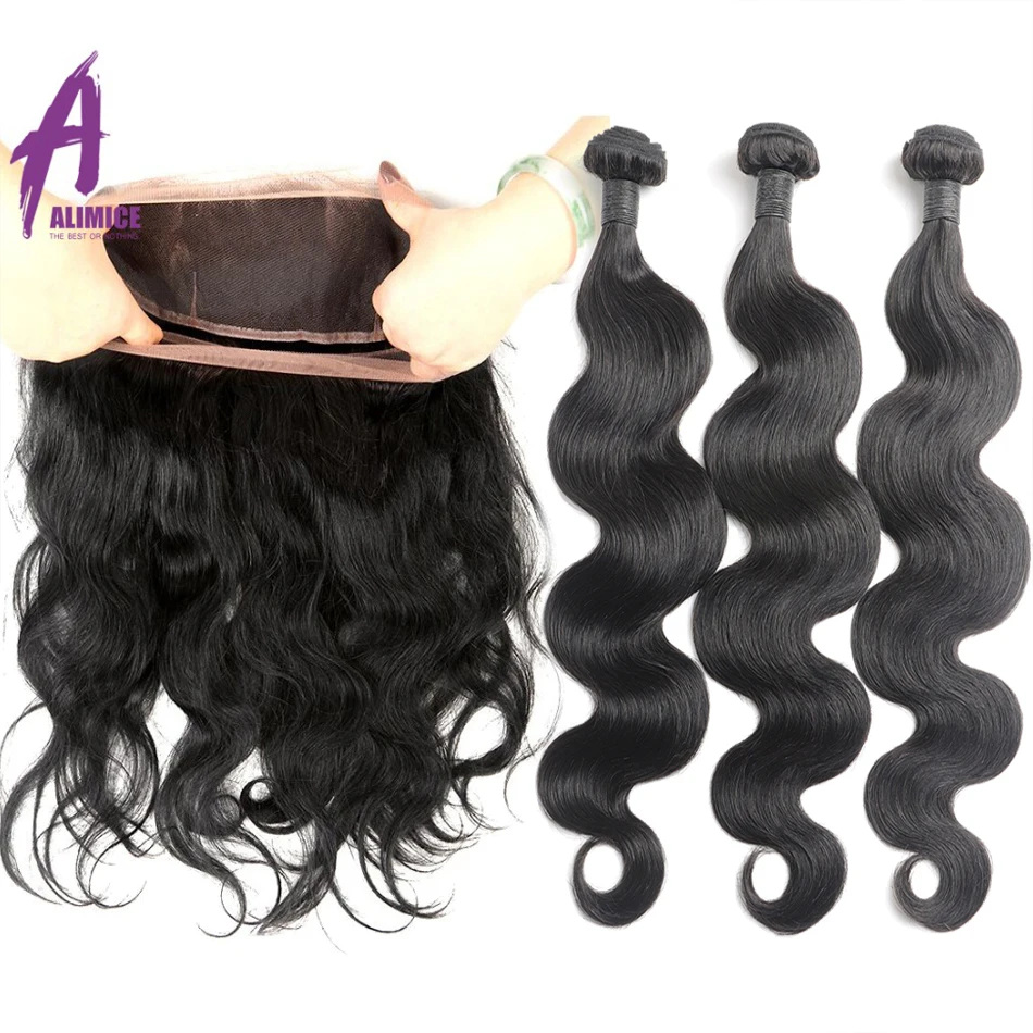 

ALIMICE 360 Lace Frontal Closure with Bundles Brazilian Body Wave Human Hair 360 Lace Frontal with Bundles Remy Hair Weaves