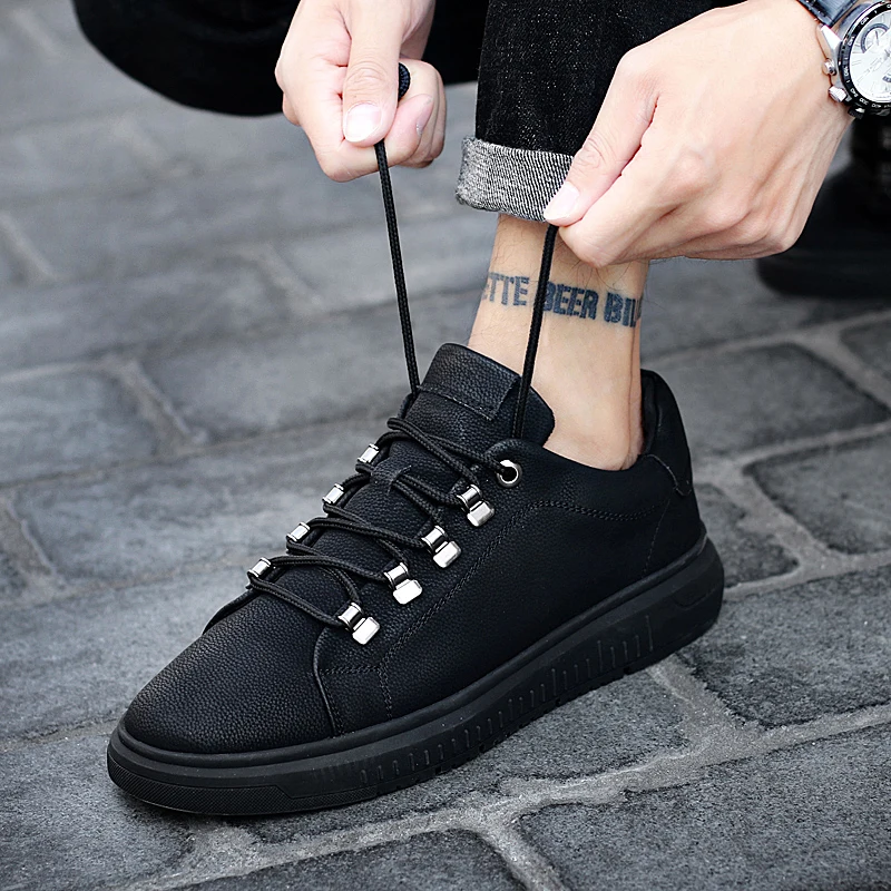 

Black Blue Leather Casual Shoes Men Leisure High Top Shoes Lace Up Sneakers Outdoor Male Footwear Sapatenis Masculino